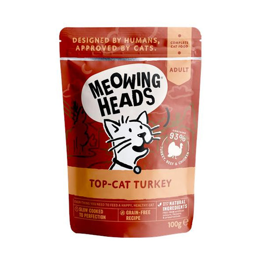 Meowing Heads無穀物成貓用主食濕包-93%放養火雞、草飼牛&雞肉100g (005007)